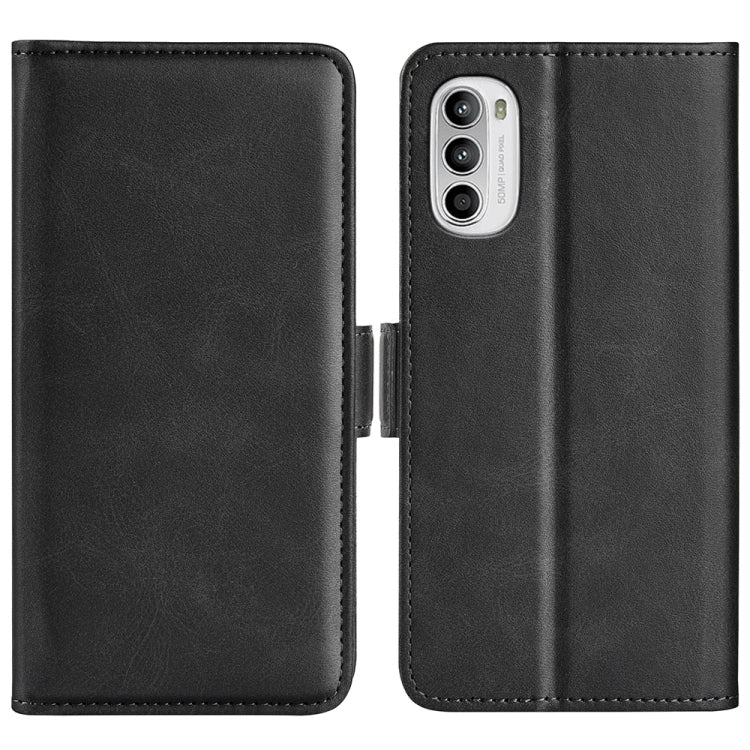 Black horizontal flip leather phone case with magnetic closure, shown open
