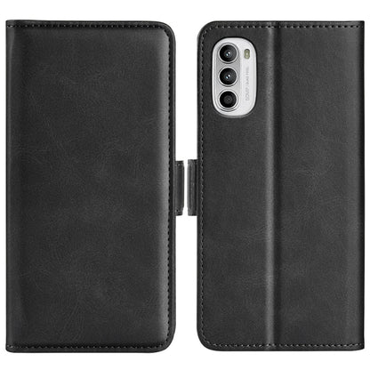 Black horizontal flip leather phone case with magnetic closure, shown open