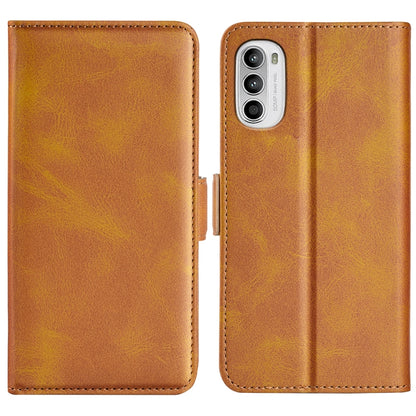 Brown horizontal flip leather phone case with magnetic closure, shown open