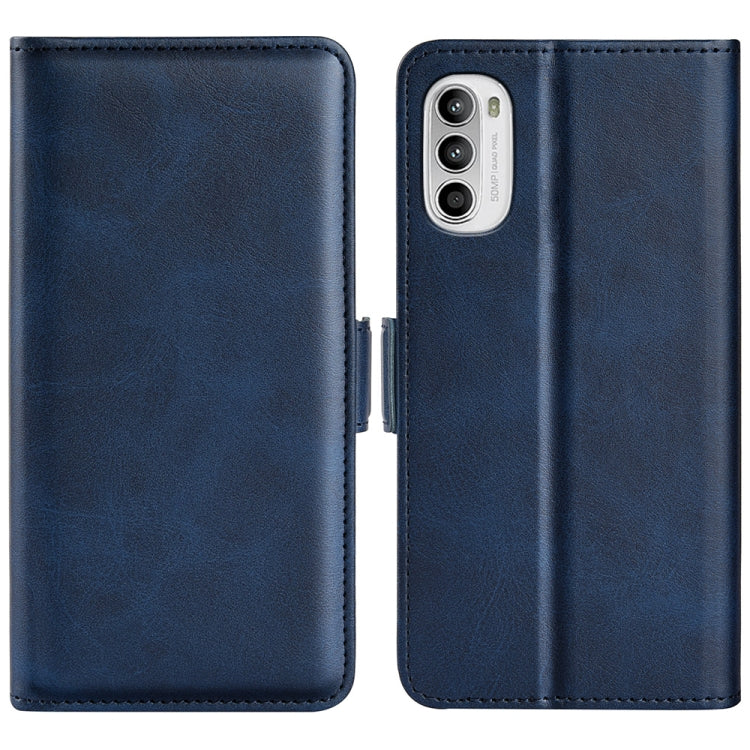 Dark blue horizontal flip leather phone case with magnetic closure, shown open