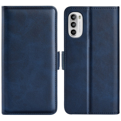 Dark blue horizontal flip leather phone case with magnetic closure, shown open