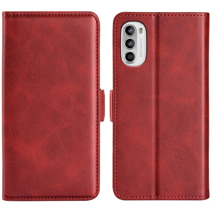Red horizontal flip leather phone case with magnetic closure, shown open