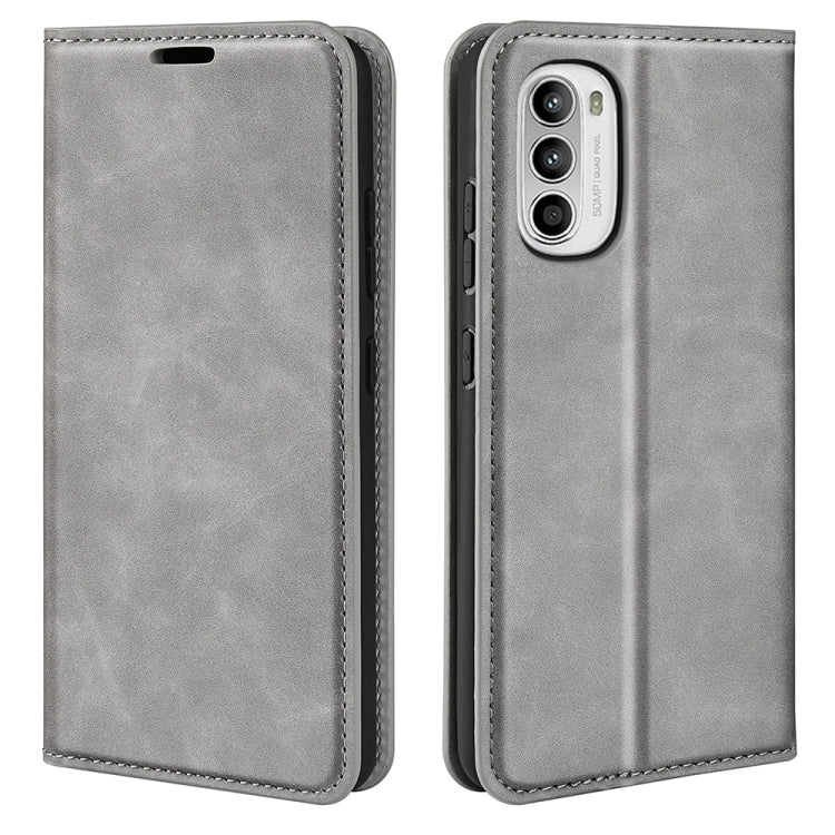 Grey leather-style flip phone case with camera cutout and magnetic closure