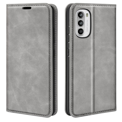 Grey leather-style flip phone case with camera cutout and magnetic closure