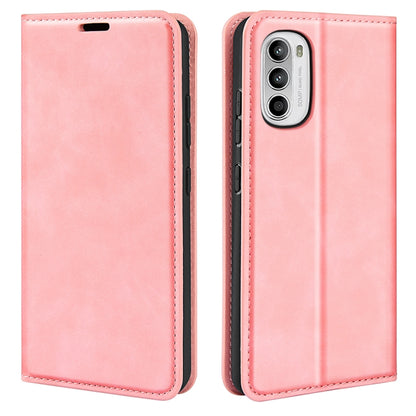 Pink leather-style flip phone case with camera cutout and magnetic closure