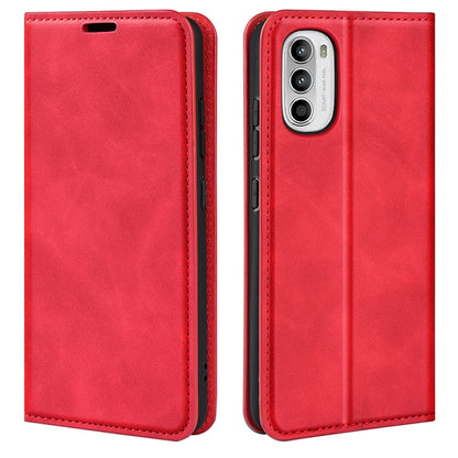 Red leather-style flip phone case with camera cutout and magnetic closure