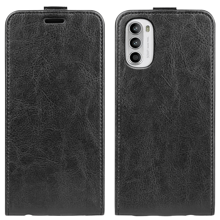 Black vertical flip leather phone case with textured finish and camera cutout