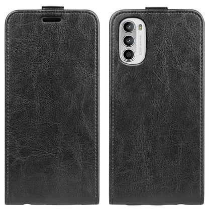Black vertical flip leather phone case with textured finish and camera cutout
