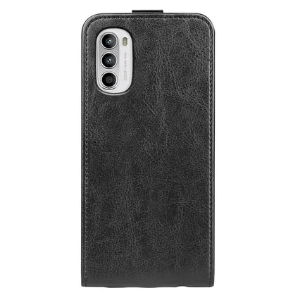 Black textured vertical flip leather phone case with camera cutout and side buttons