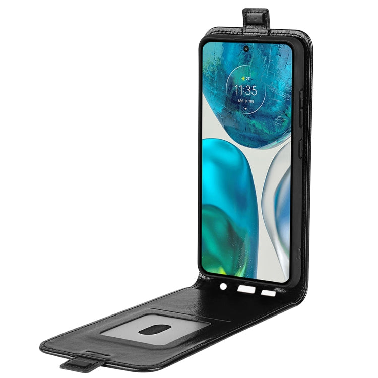 Textured black vertical flip leather phone case with open stand and card pocket