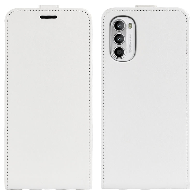 White textured vertical flip leather phone case set with top slot and camera cutout