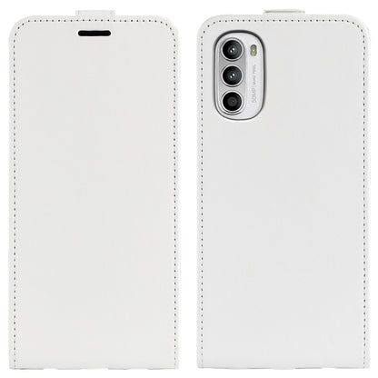 White textured vertical flip leather phone case set with top slot and camera cutout