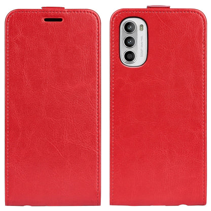 Red textured vertical flip leather phone case set with top slot and camera cutout
