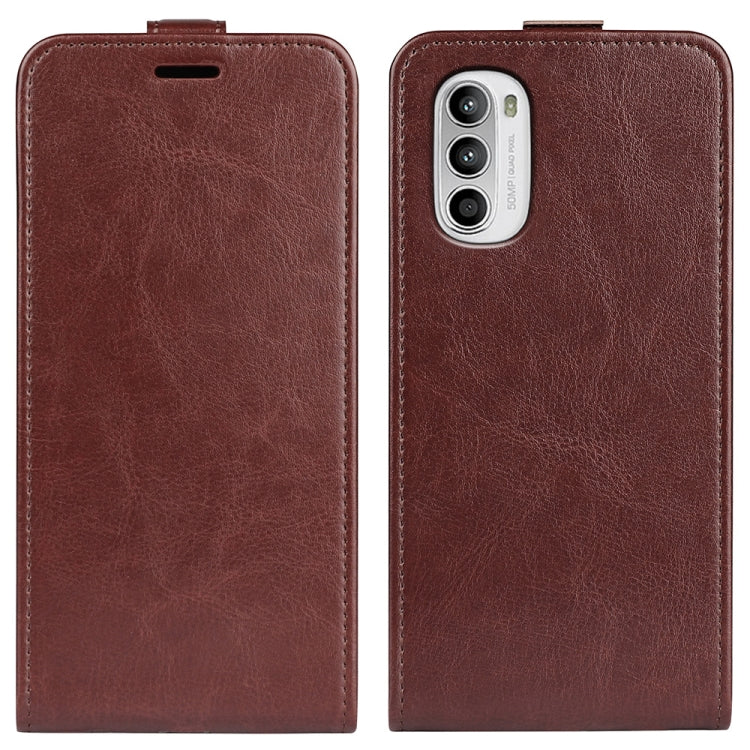 Brown textured vertical flip leather phone case set with top slot and camera cutout