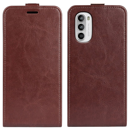 Brown textured vertical flip leather phone case set with top slot and camera cutout