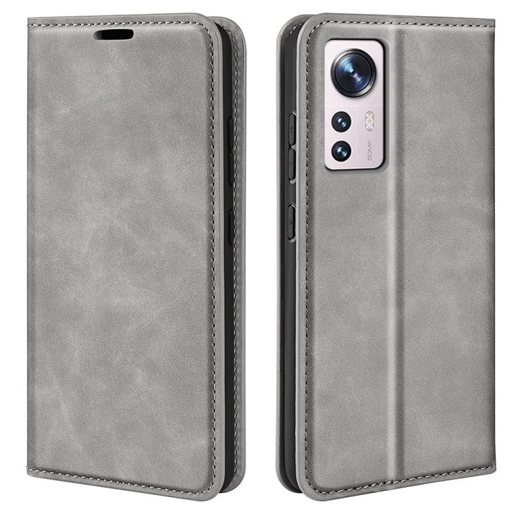 Grey leather folio phone case for Xiaomi 12 Lite with magnetic closure and stitched edge