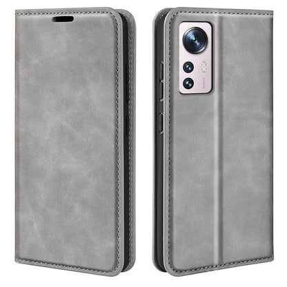 Grey leather folio phone case for Xiaomi 12 Lite with magnetic closure and stitched edge