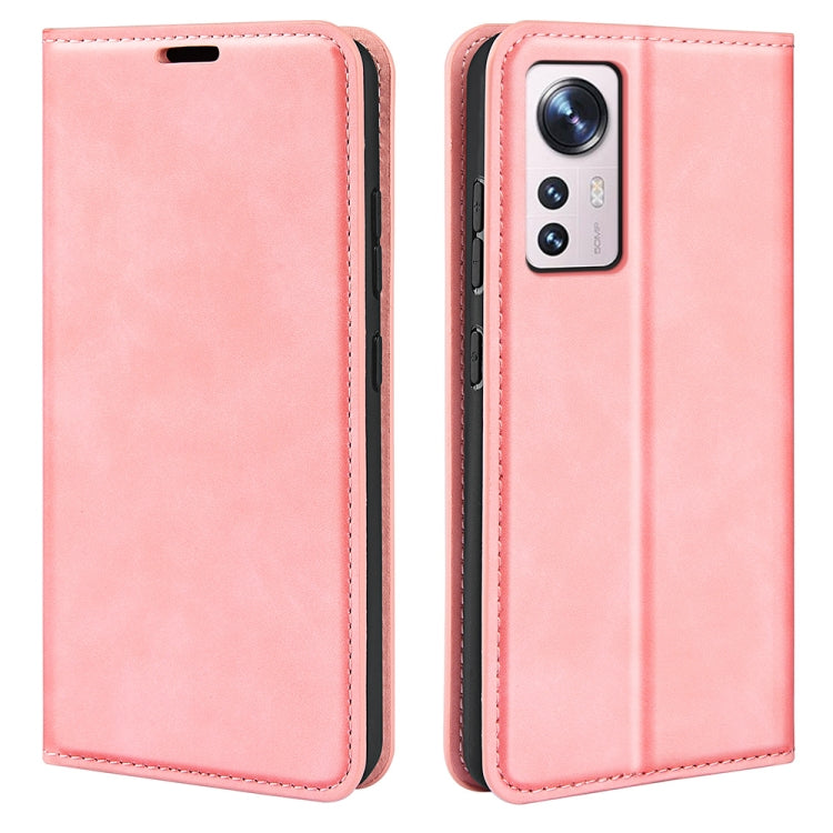 Pink leather folio phone case for Xiaomi 12 Lite with magnetic closure and stitched border