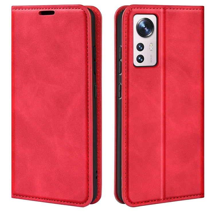 Red leather folio phone case for Xiaomi 12 Lite with magnetic closure and camera cutout
