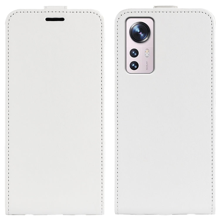 White vertical flip leather phone case with card slot and rear camera window