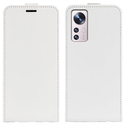 White vertical flip leather phone case with card slot and rear camera window