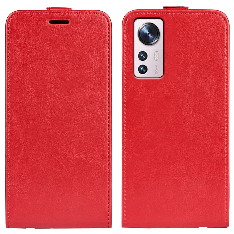 Red vertical flip leather phone case with card slot and rear camera opening