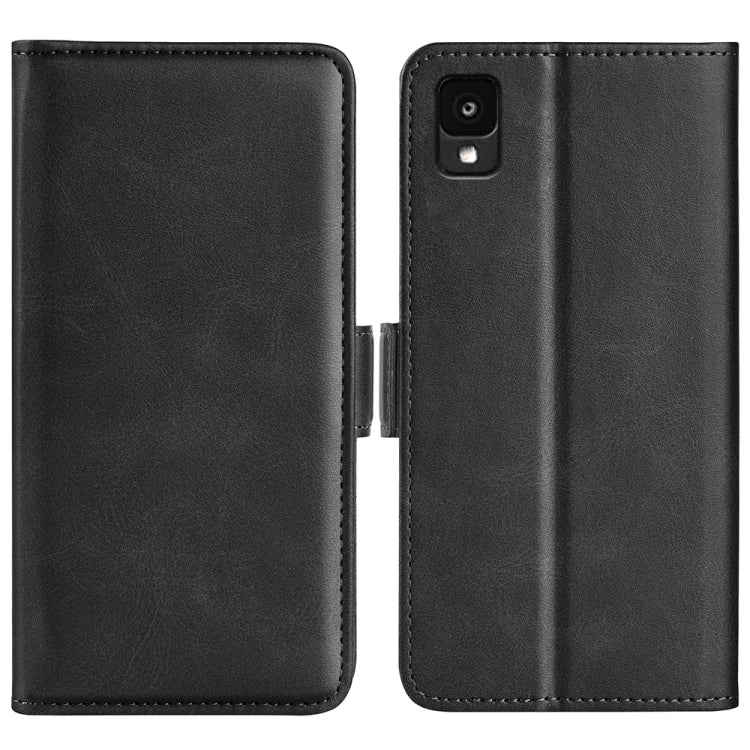 Black leather wallet phone case with dual magnetic buckle and stitched edges