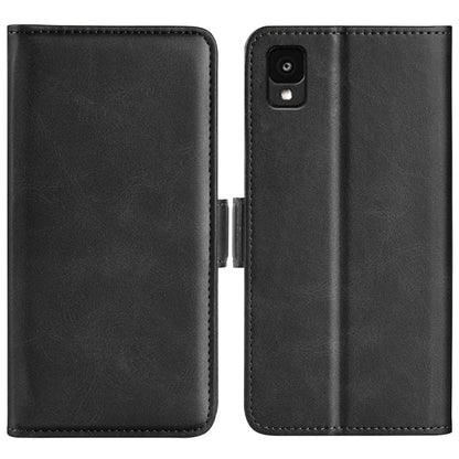 Black leather wallet phone case with dual magnetic buckle and stitched edges