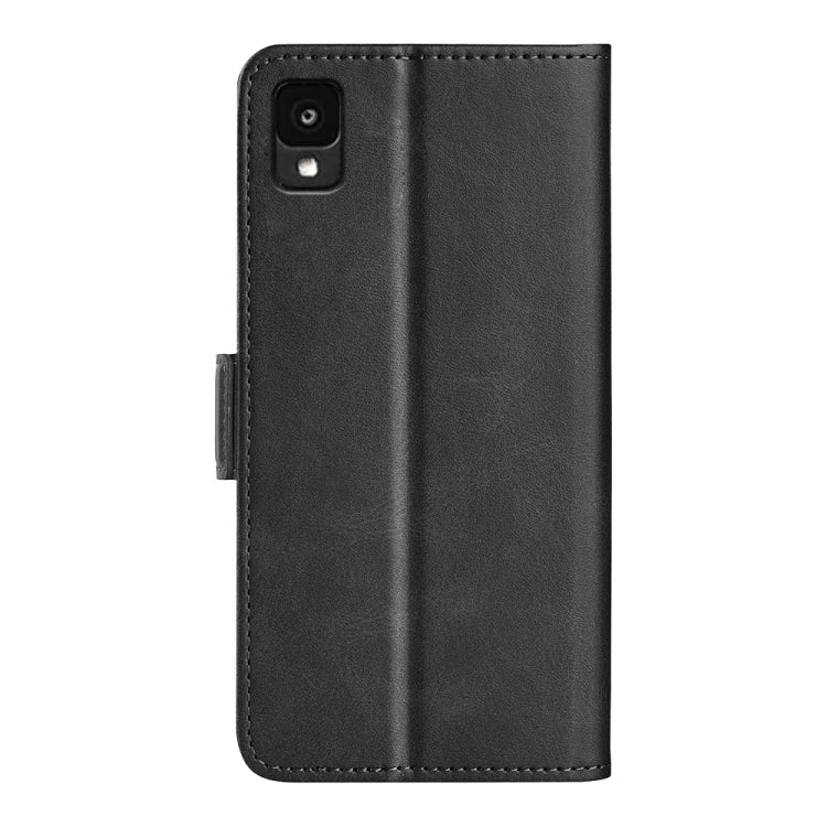 Black leather folio phone case with camera cutout and side magnetic buckle
