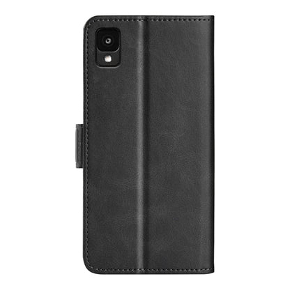 Black leather folio phone case with camera cutout and side magnetic buckle