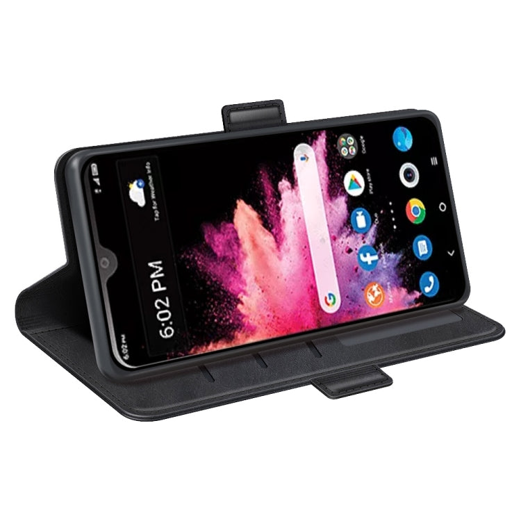 Black leather folio phone case with stand view and magnetic side buckle