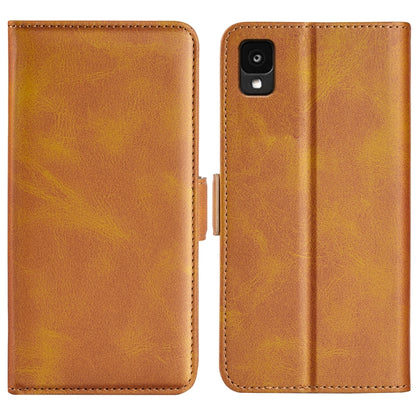 Brown leather wallet phone case with dual magnetic buckle and stitched trim