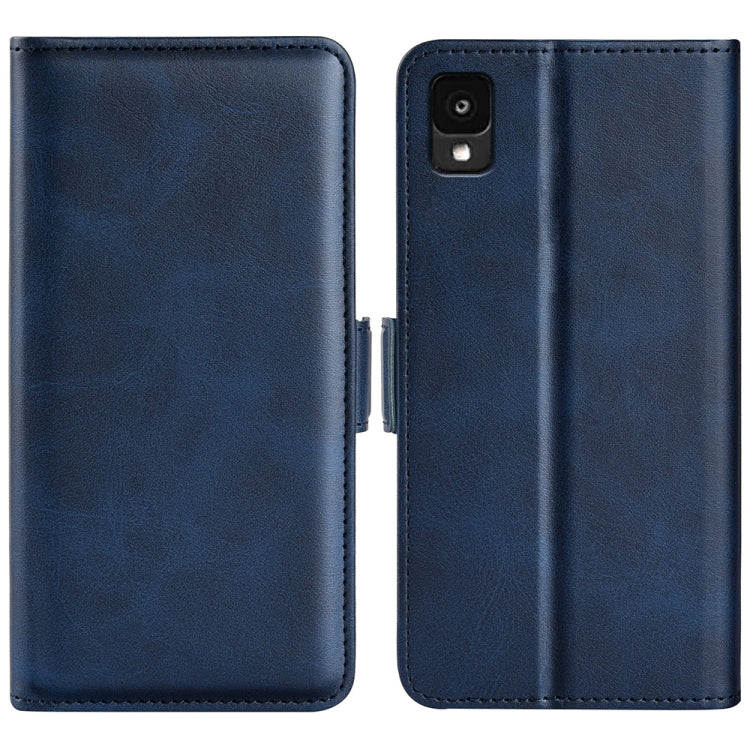 Dark blue leather wallet phone case with dual magnetic buckle and stitched edges