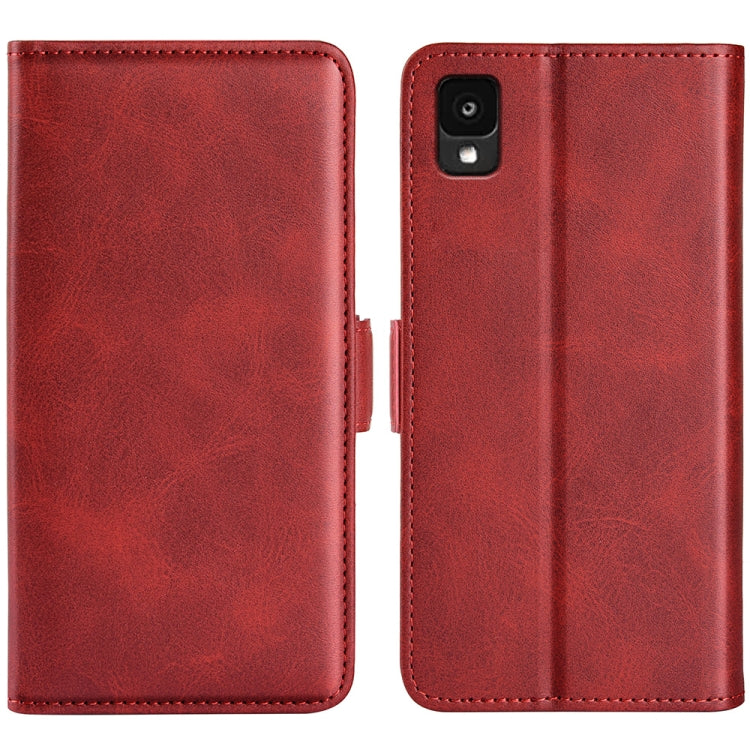 Red leather wallet phone case with dual magnetic buckle and stitched trim