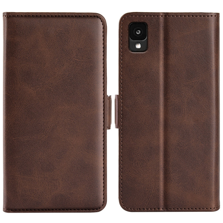 Brown leather flip phone case with dual magnetic buckle and camera cutout