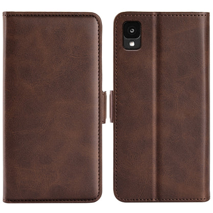 Brown leather flip phone case with dual magnetic buckle and camera cutout