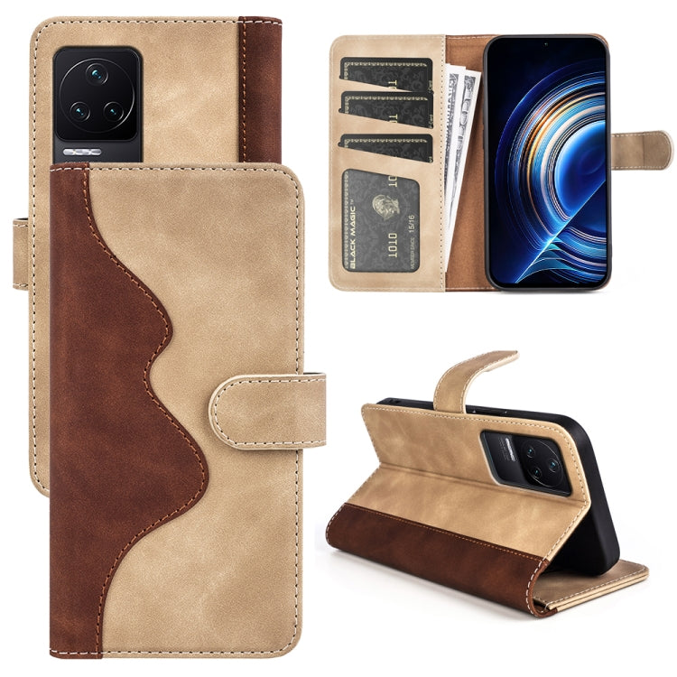 Flip leather phone case with card slots and stand, tan with brown wavy stitched trim