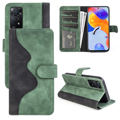 Green and dark gray horizontal flip leather phone case with card slots and side strap