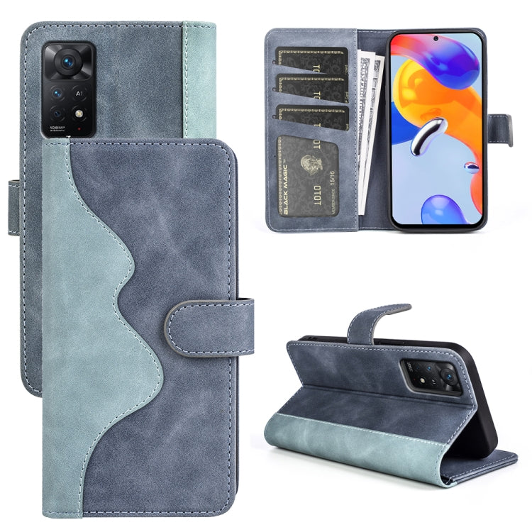 Light blue leather flip phone case with stitched wavy panel, card slots, and side cutout.
