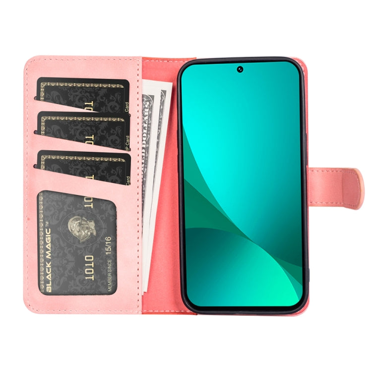 Pink leather flip phone case with card holder pockets and open front stand