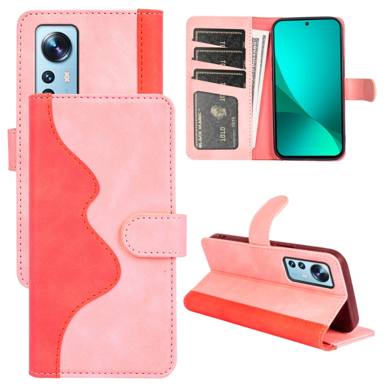Pink leather flip phone case with stitched wave front, card slots, and stand cover