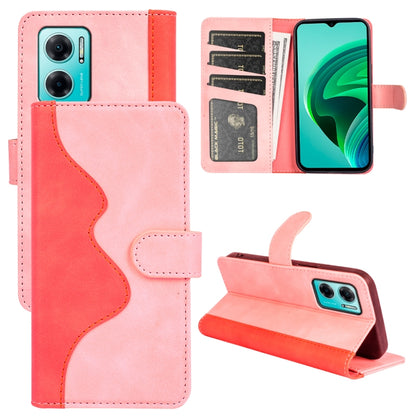 Pink flip leather phone case with card slots and stitched wave design, flip stand cover