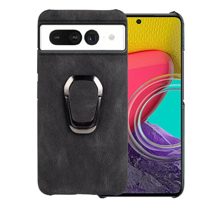 Black PU phone case with metal ring holder, front camera cutouts and raised lip