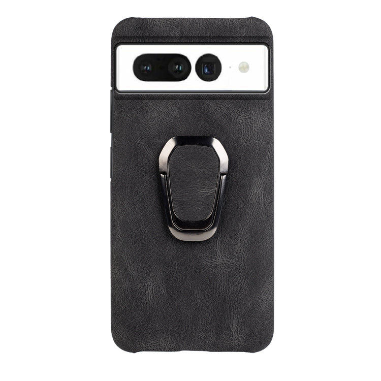 Black PU phone case with metal ring holder, centered front camera opening and edge trim
