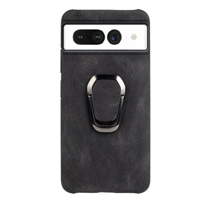 Black PU phone case with metal ring holder, centered front camera opening and edge trim