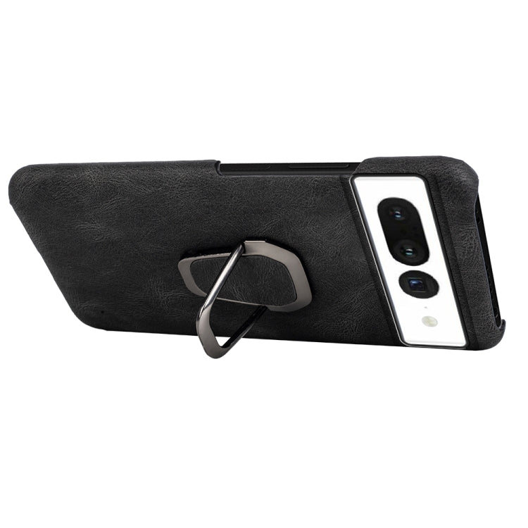 Black PU phone case with metal ring holder, side profile showing slim case edges