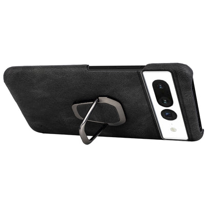Black PU phone case with metal ring holder, side profile showing slim case edges