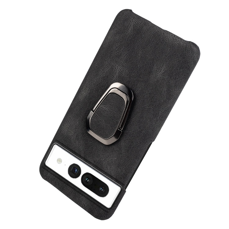 Black PU phone case with metal ring holder, back view showing phone camera window