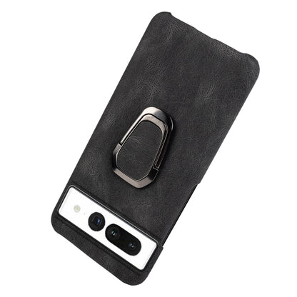 Black PU phone case with metal ring holder, back view showing phone camera window