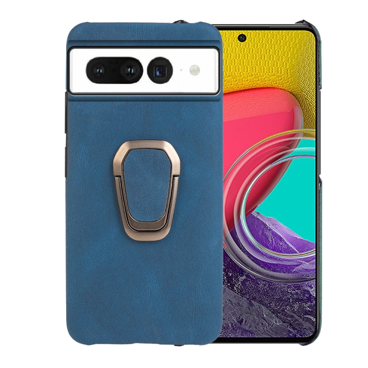 Blue PU phone case with metal ring holder, front camera openings and slim design